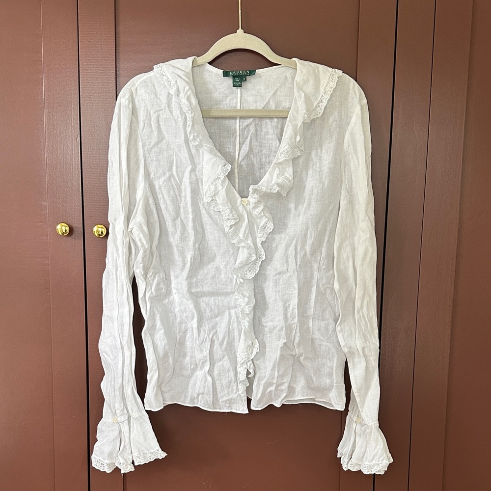 Ralph Lauren White Ruffled Bell Sleeve Blouse